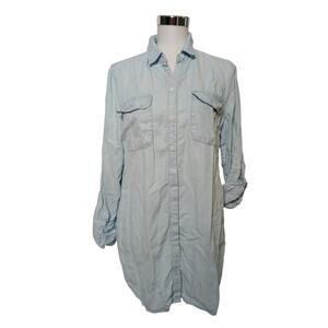 Chico's Long Sleeve Chambray Button Front Shirt Lyocell Soft Popover Roll Cuff